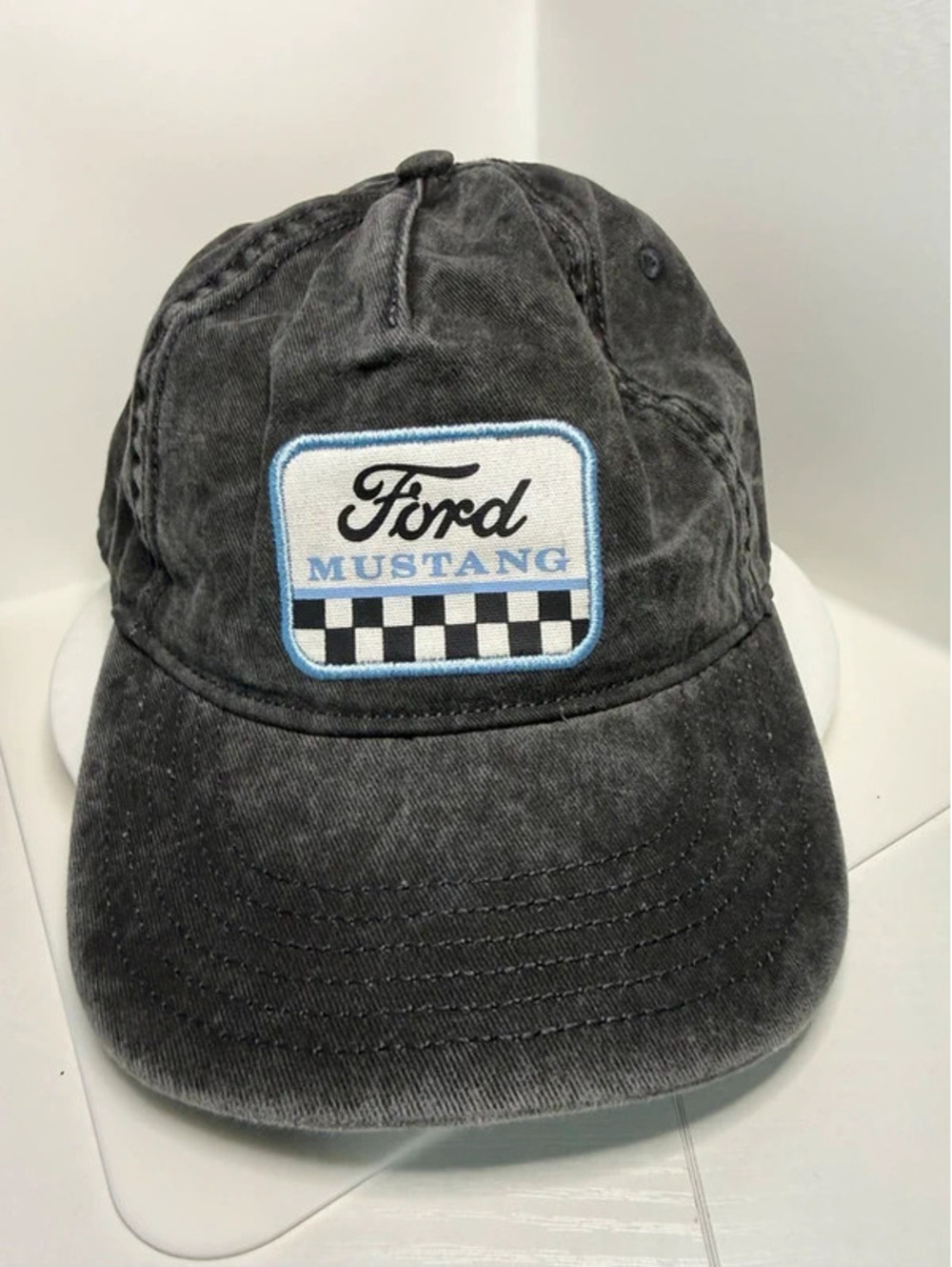 H3  Ford Mustang Checkered Patch Distressed Black Snapback Hat NWT